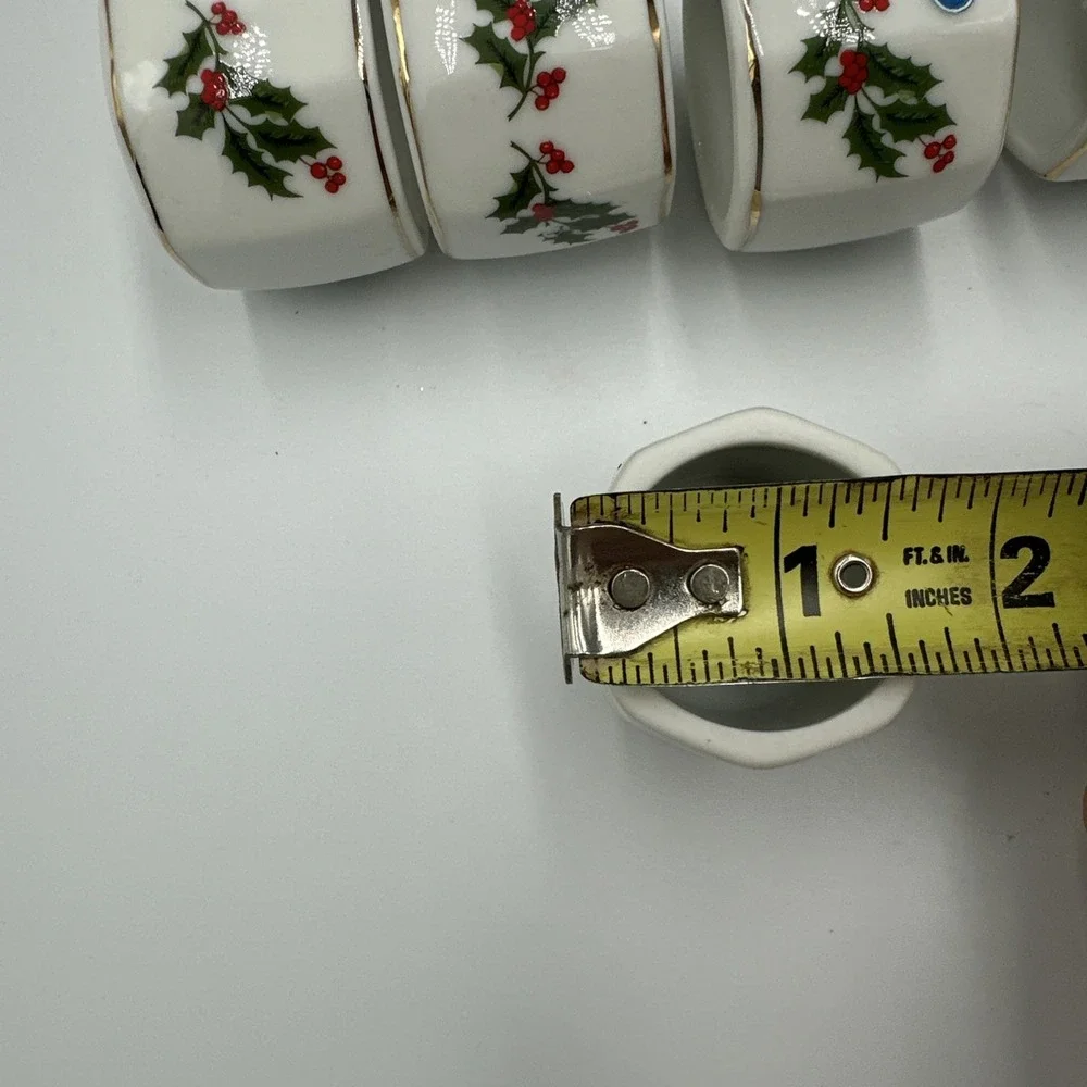 Vintage Mervyns Christmas Napkin Ring Set Fine Porcelain 7 Piece Set Holly Berry